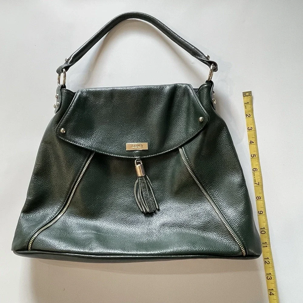 Onna Ehrlich Kelly Hobo Shoulder Bag Hunter Green Pebbled Leather Purse Tassel